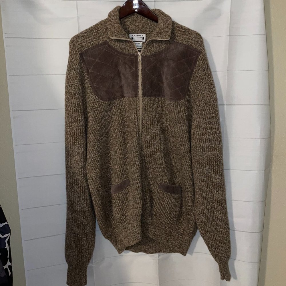 Brenire Shetland 100% Wool Full Zip Sweater Leather Elbow Patches Size XL